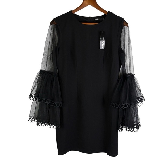 Ina Black Cocktail Party Evening Dress Sheer Bell Sleeve Details Size L - Picture 6 of 15